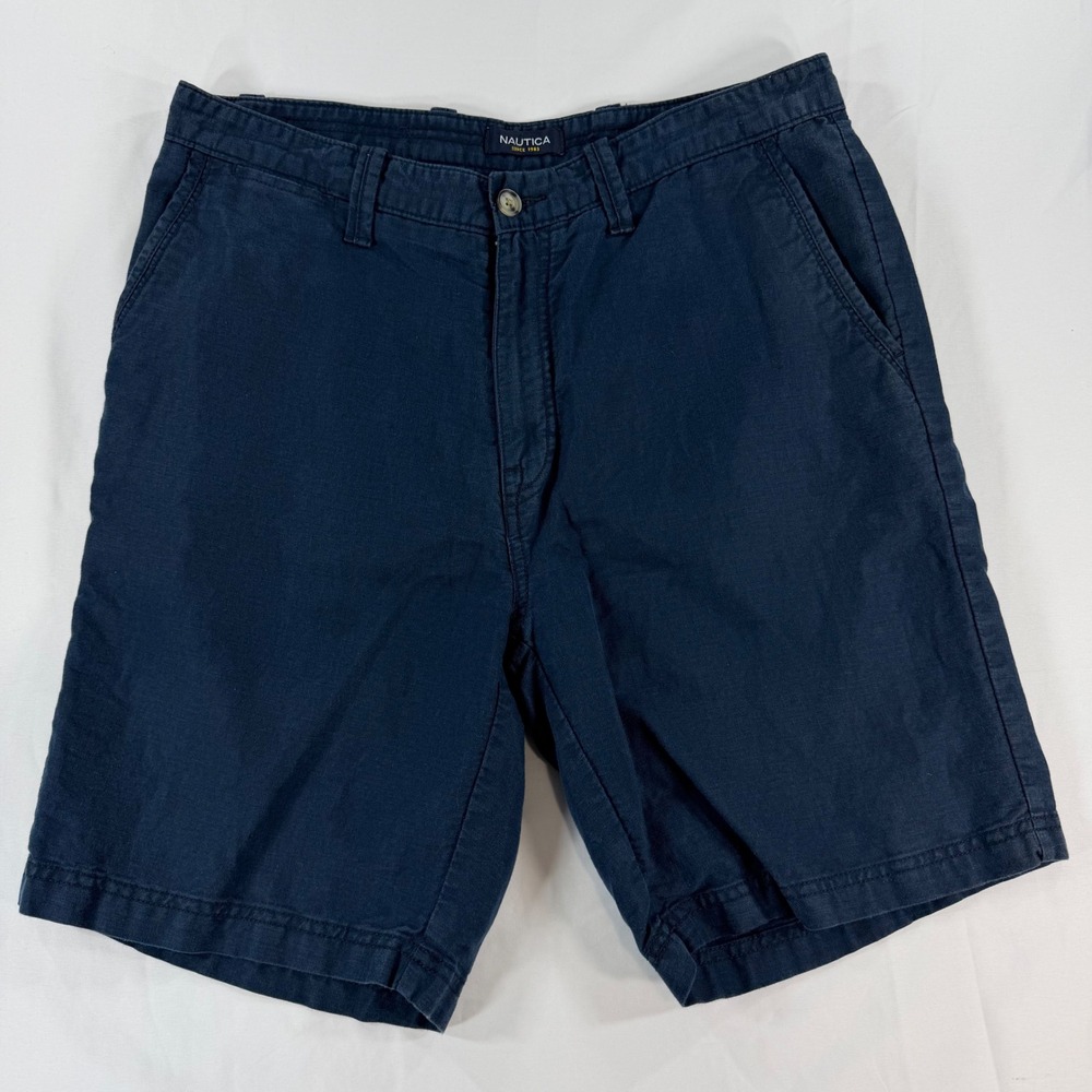 Nautica Navy Blue Linen Cotton Blend Flat Front Shorts Womens 33W VDR G02 214